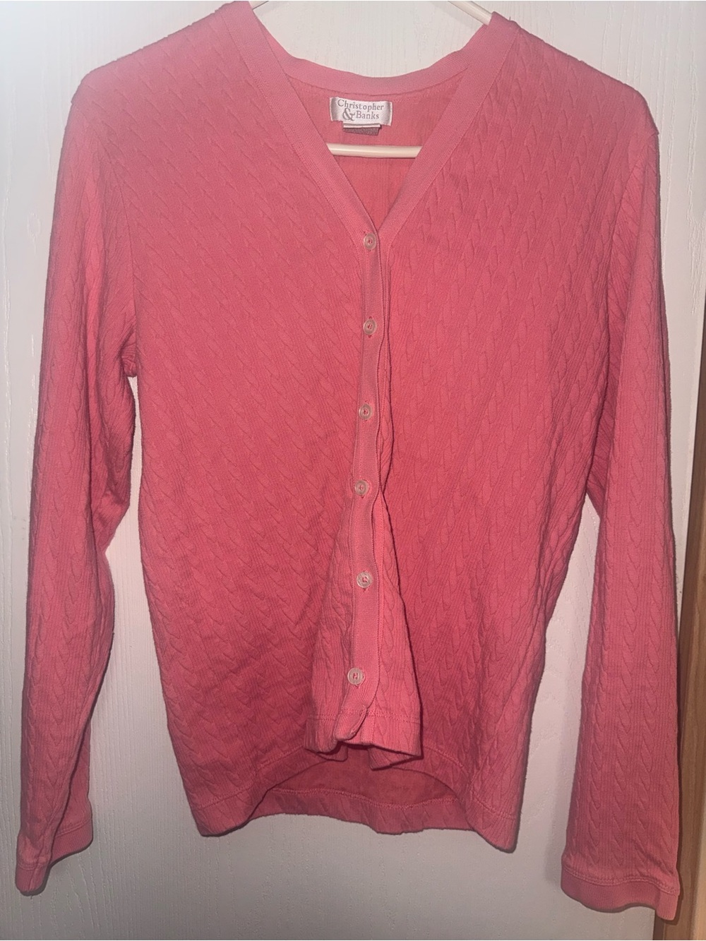 Christopher & Banks Coral Cable-Knit V-Neck Button Cardigan